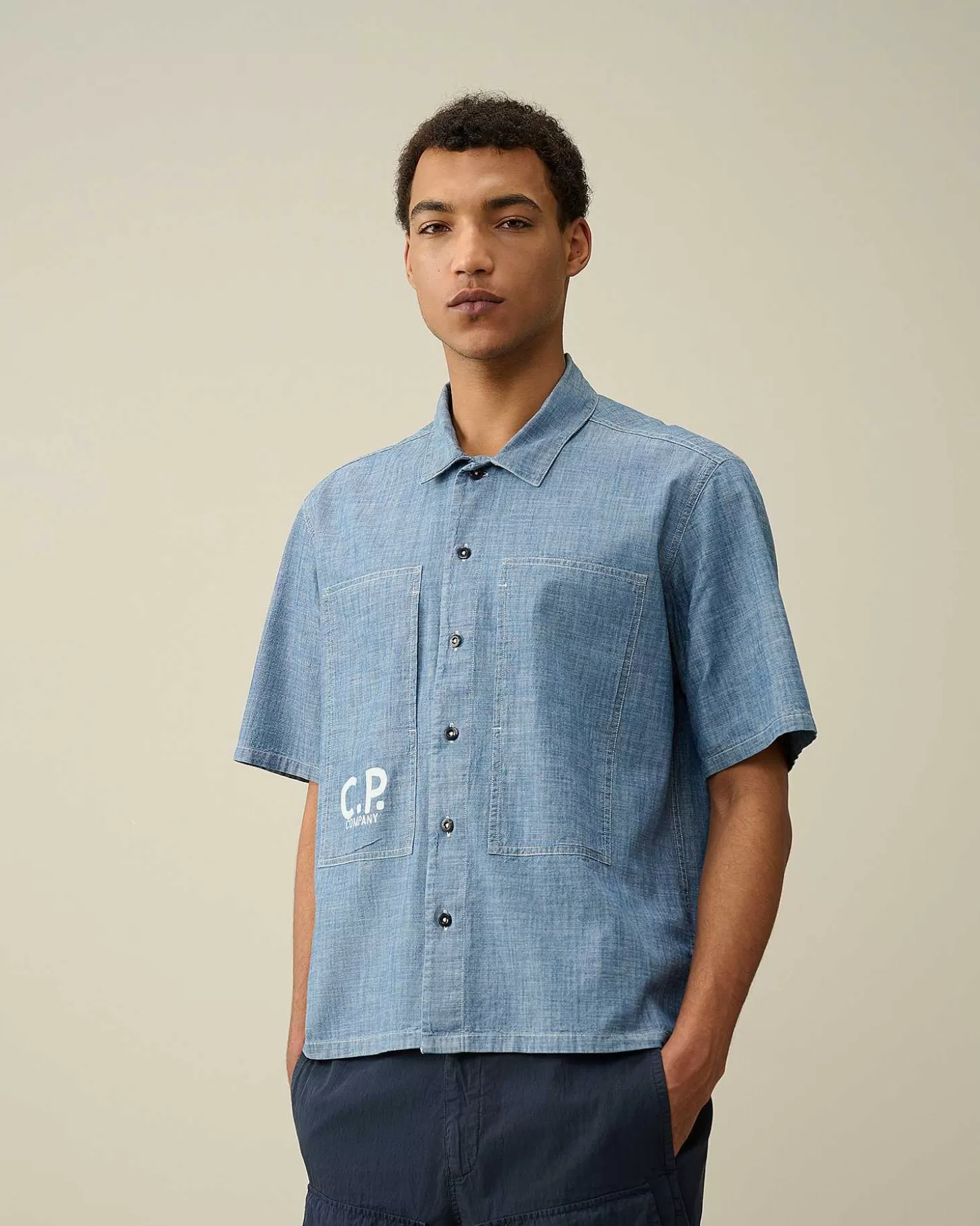 Homme C.P. Company Chemises^Chambray Short Sleeved Logo Shirt